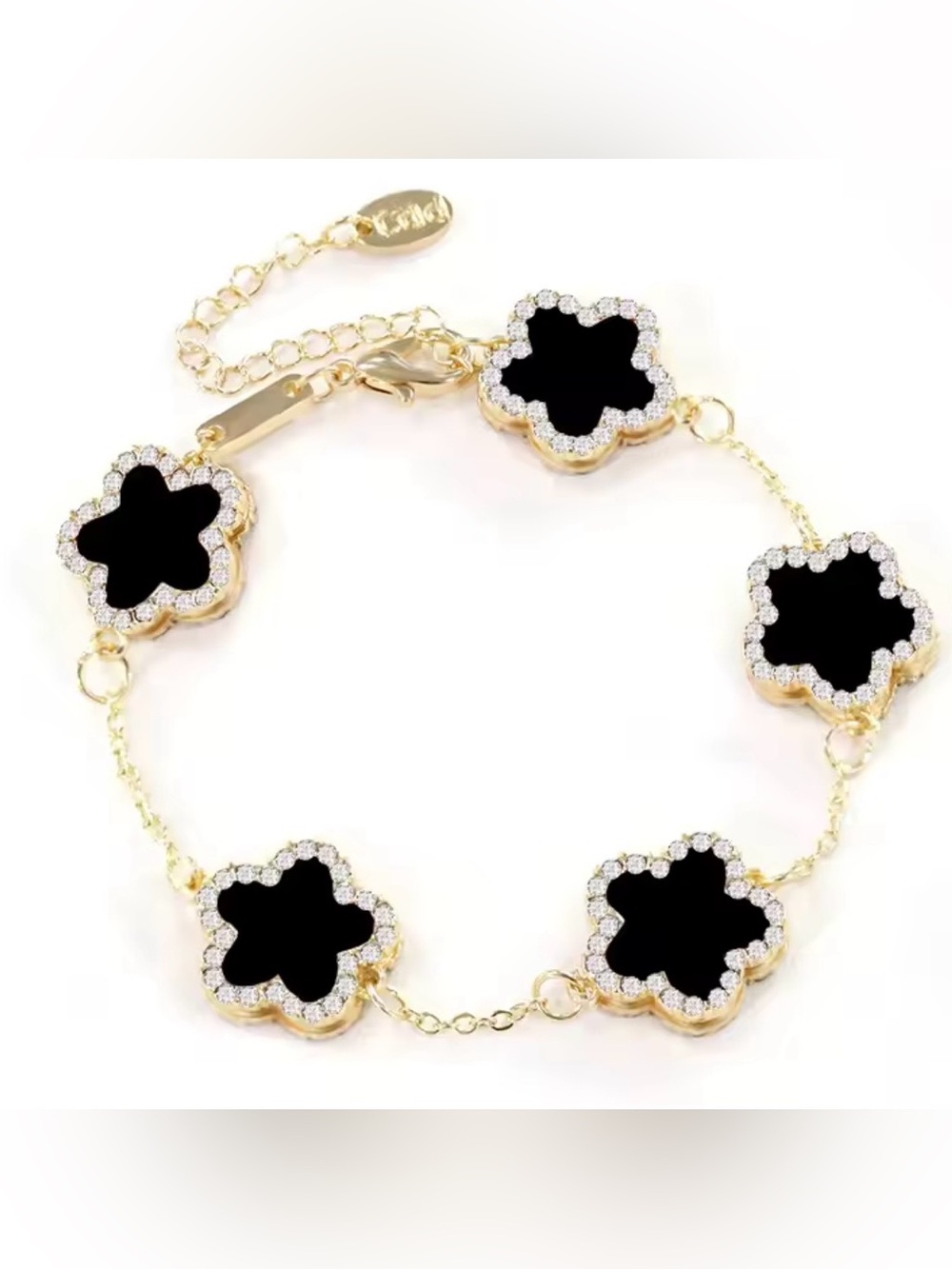 Macy's Gold Bracelet with Black Clover Motifs and Crystal Halo